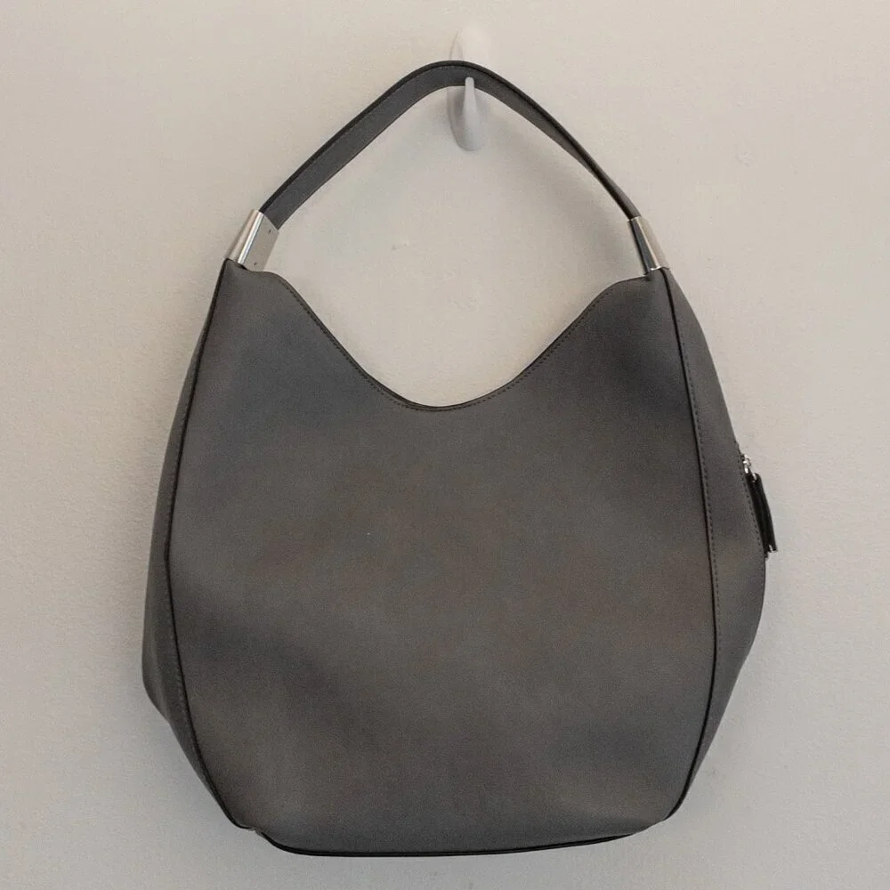 Alfani Gray Faux Leather Hobo Shoulder Bag | Slouchy Modern Tote - Picture 3 of 6